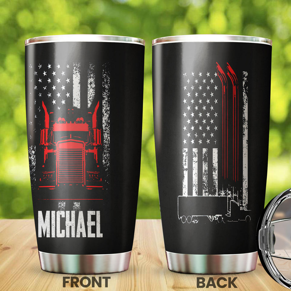 Camellia Personalized American Trucker US Flag Vintage Distressed Graphics Stainless Steel Tumbler - Double-Walled Insulation Travel Thermal Cup With Lid Gift For Trucker