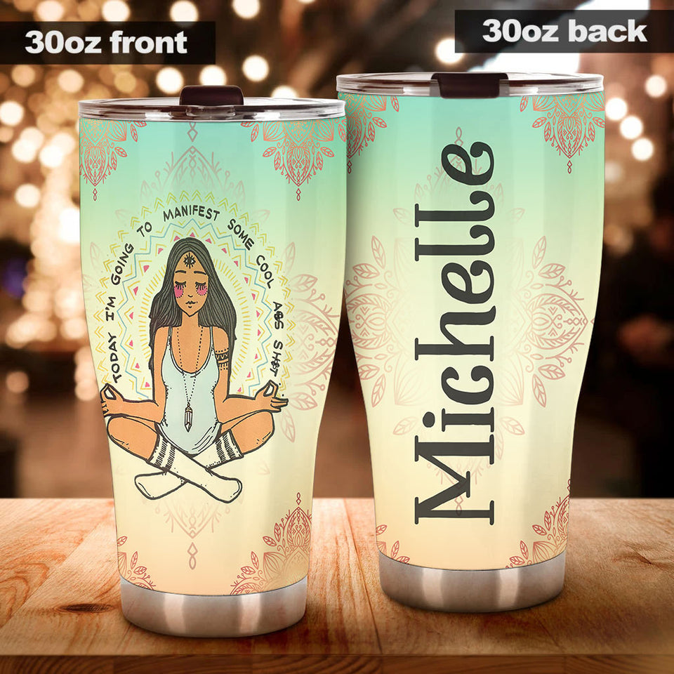 Camellia Personalized Zen Meditation Namaste Girls Stainless Steel Tumbler - Double-Walled Insulation Thermal Cup With Lid Gift For Daughter Wife