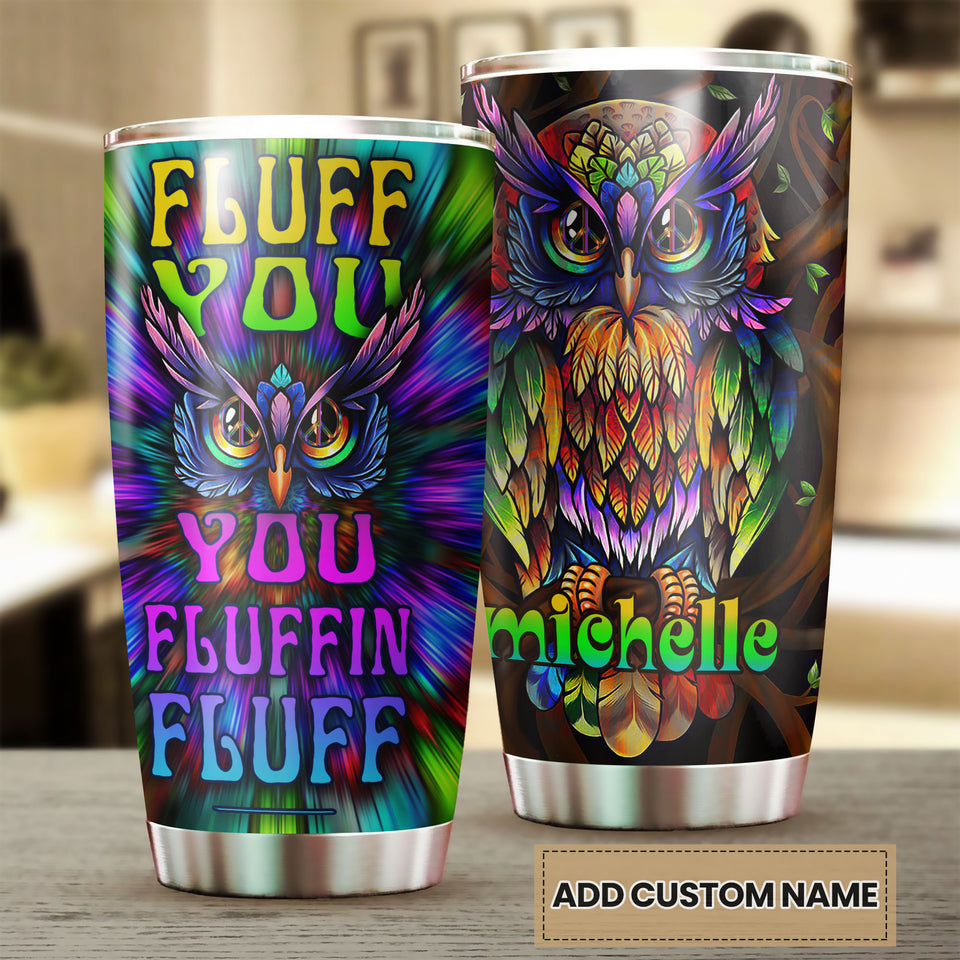 Camellia Personalized Hippie Peace Lover Owl Fluffin Graphics Stainless Steel Tumbler - Double-Walled Insulation Travel Thermal Cup With Lid Gift For Hipster