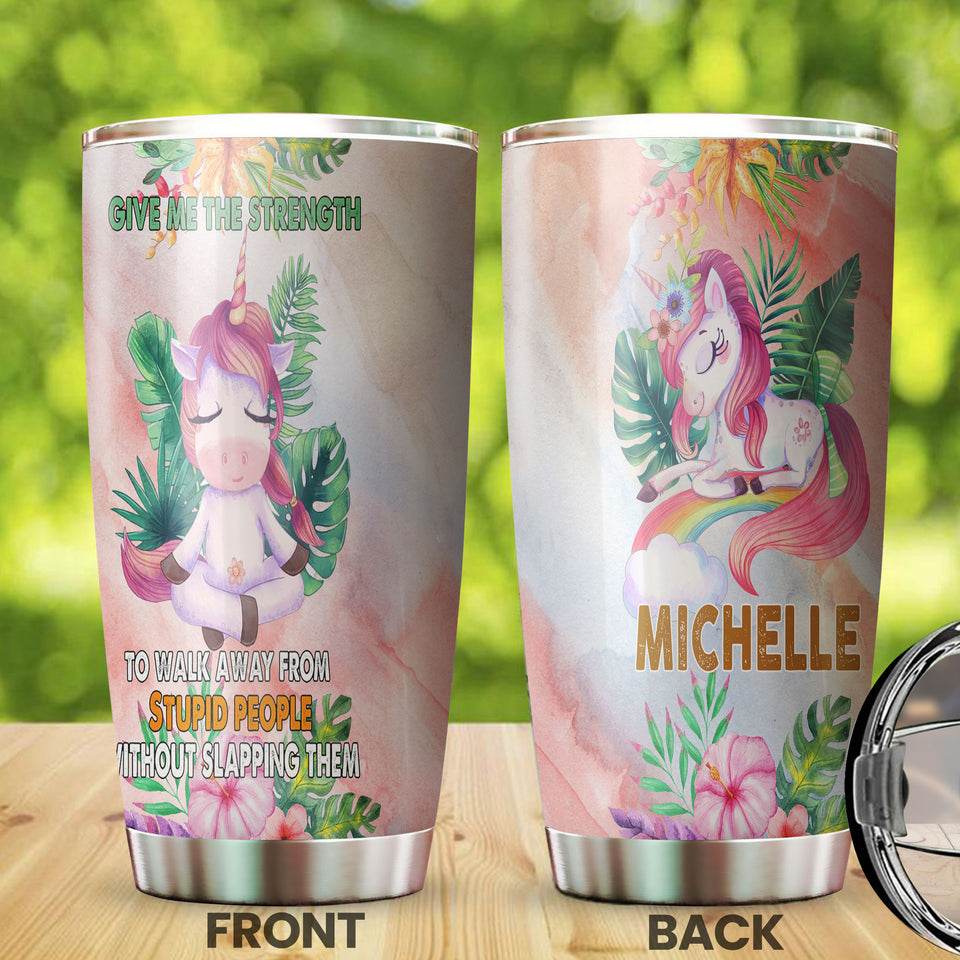 Camellia Personalized Unicorn Zen Meditation Give Me Strength Stainless Steel Tumbler - Double-Walled Insulation Thermal Cup With Lid Gift For Unicorn Lover Girls
