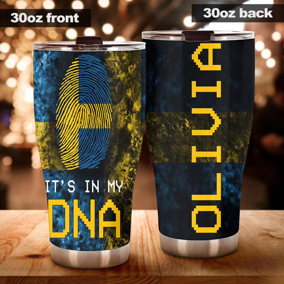 Camellia Personalized It's In My DNA Sweden Fingerprint Stainless Steel Tumbler - Double-Walled Insulation Travel Thermal Cup With Lid Gift For Viking Lover Swedish