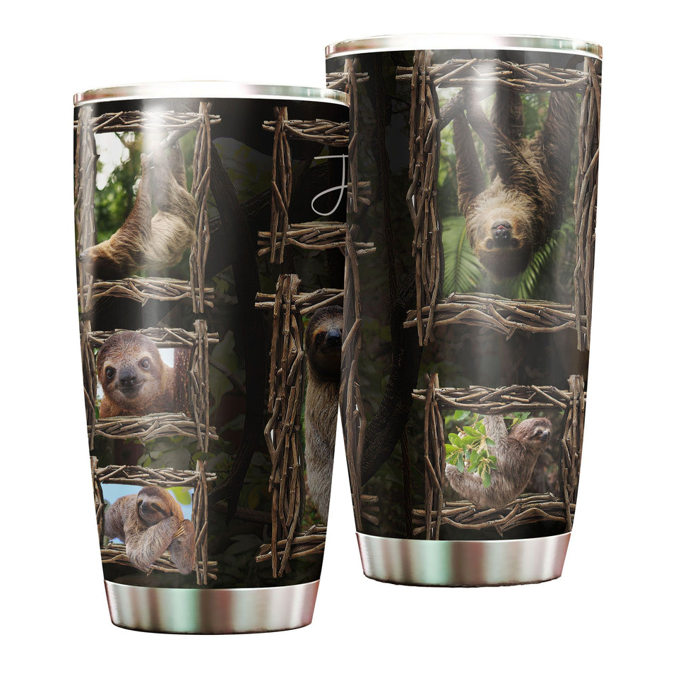 Camellia Personalized Jungle Wood Cute Sloths Graphic Stainless Steel Tumbler - Double-Walled Insulation Travel Thermal Cup With Lid Gift For Animal Lover Zoo Keeper