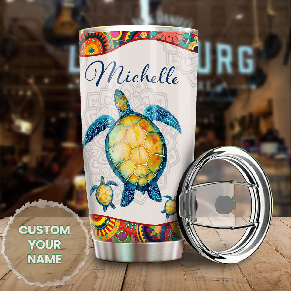 Camellia Personalized Turtle Life Is Like The Ocean Motivational Quote Stainless Steel Tumbler - Double-Walled Insulation Travel Thermal Cup With Lid