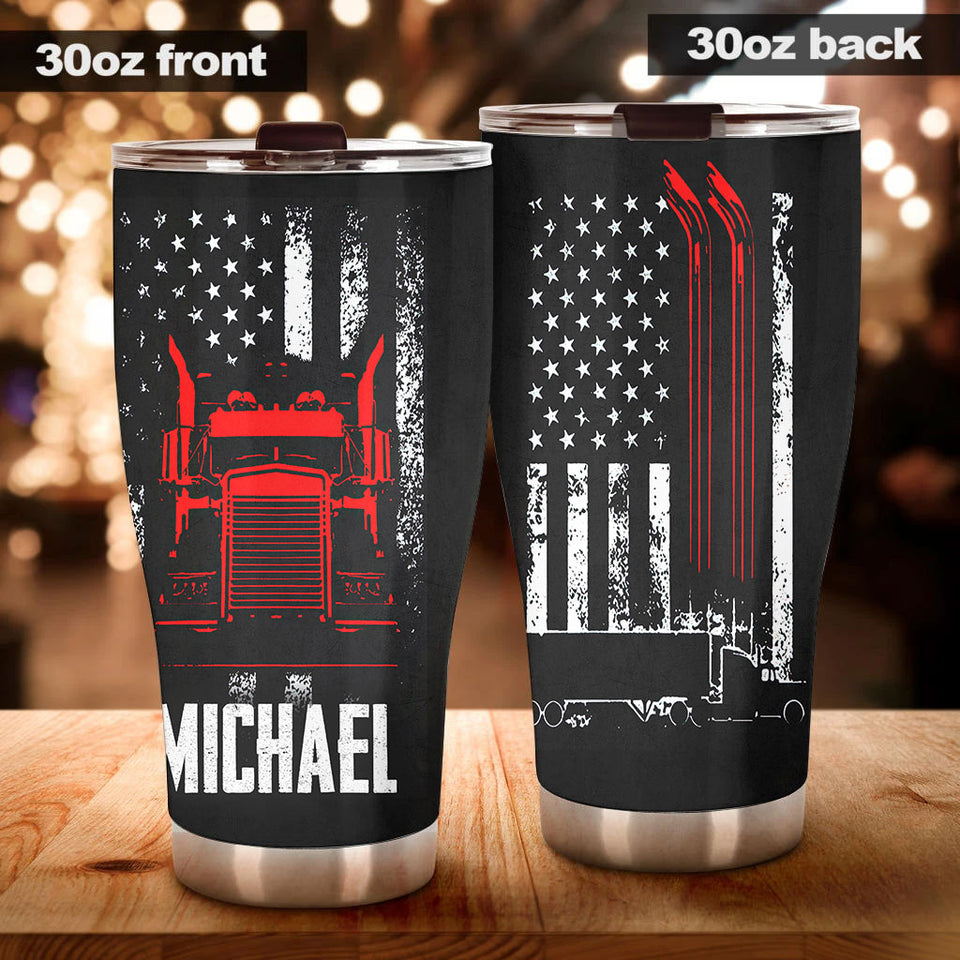 Camellia Personalized American Trucker US Flag Vintage Distressed Graphics Stainless Steel Tumbler - Double-Walled Insulation Travel Thermal Cup With Lid Gift For Trucker