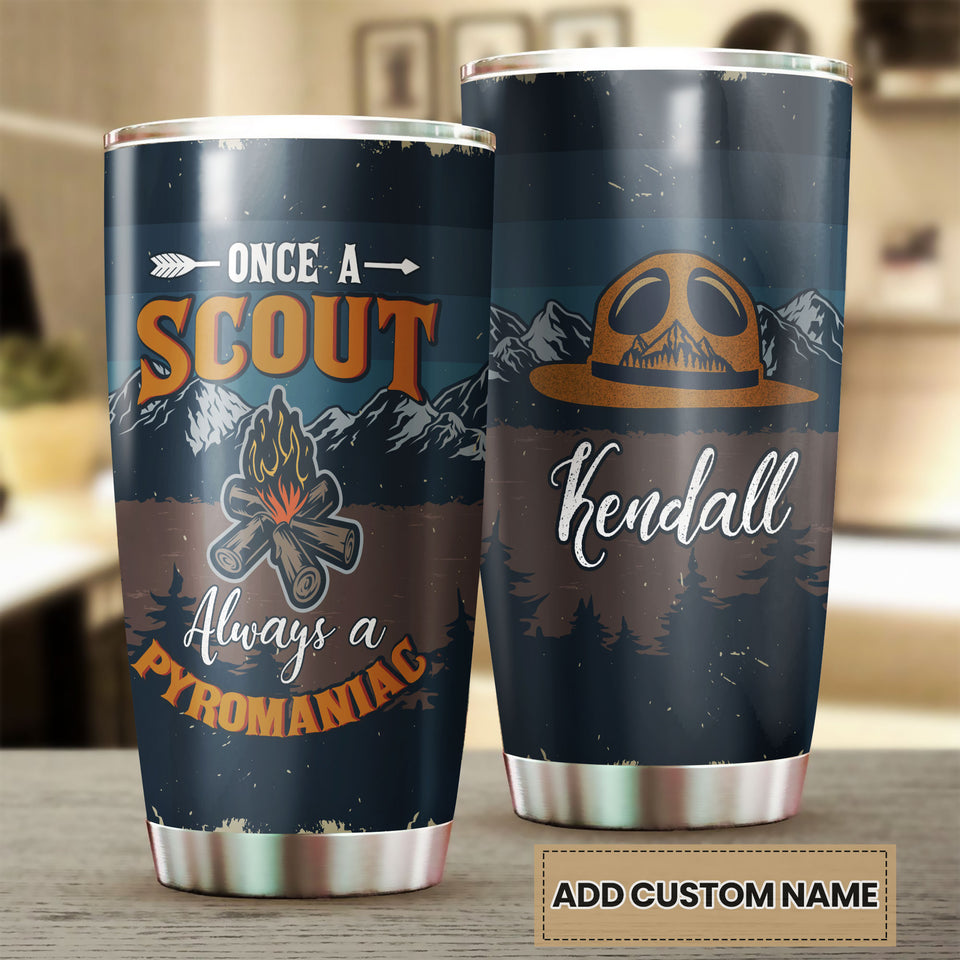 Personalized Once a Scout Always Pyromaniac Campfire Stainless - double-wall vacuum insulated coffee travel tumbler detail