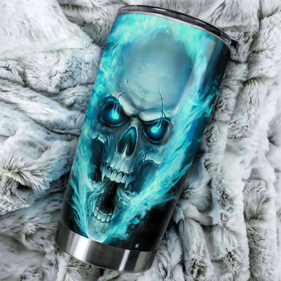 Camellia Personalized Blue Fire Skull Graphics Stainless Steel Tumbler - Double-Walled Insulation Travel Thermal Cup With Lid Gift For Biker Men Trucker Skull Lover