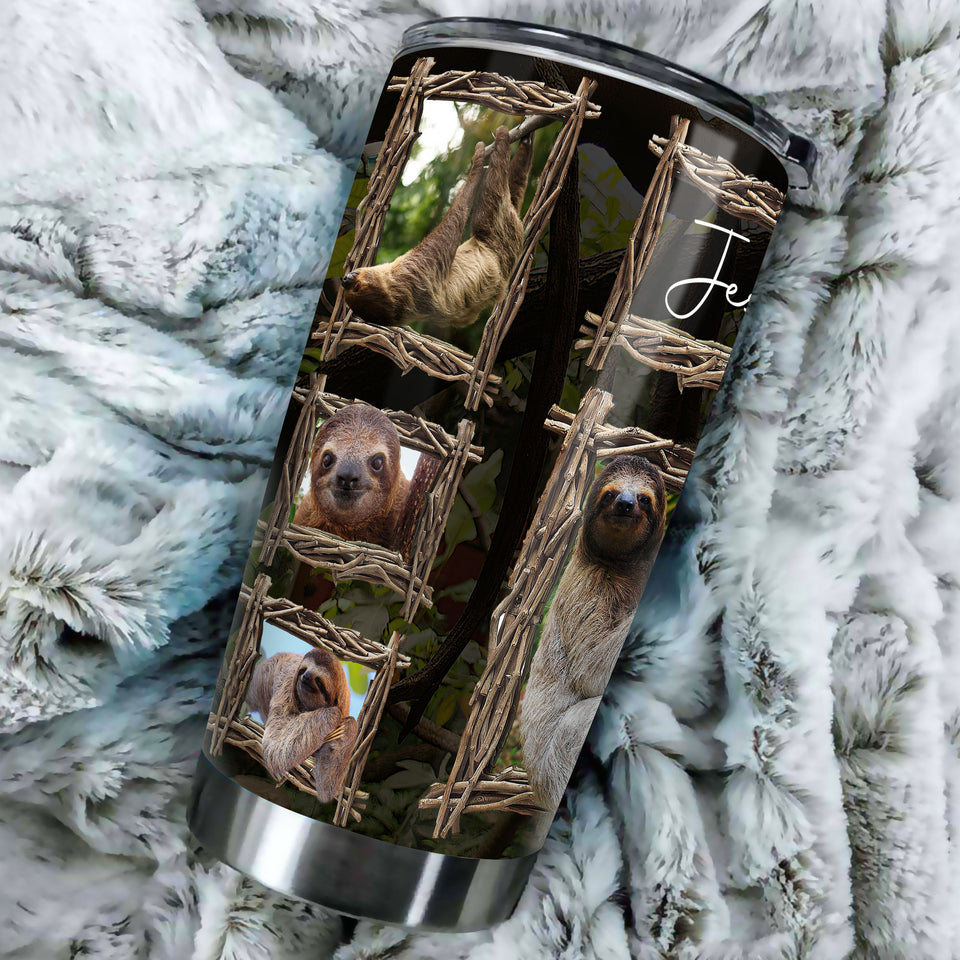 Camellia Personalized Jungle Wood Cute Sloths Graphic Stainless Steel Tumbler - Double-Walled Insulation Travel Thermal Cup With Lid Gift For Animal Lover Zoo Keeper