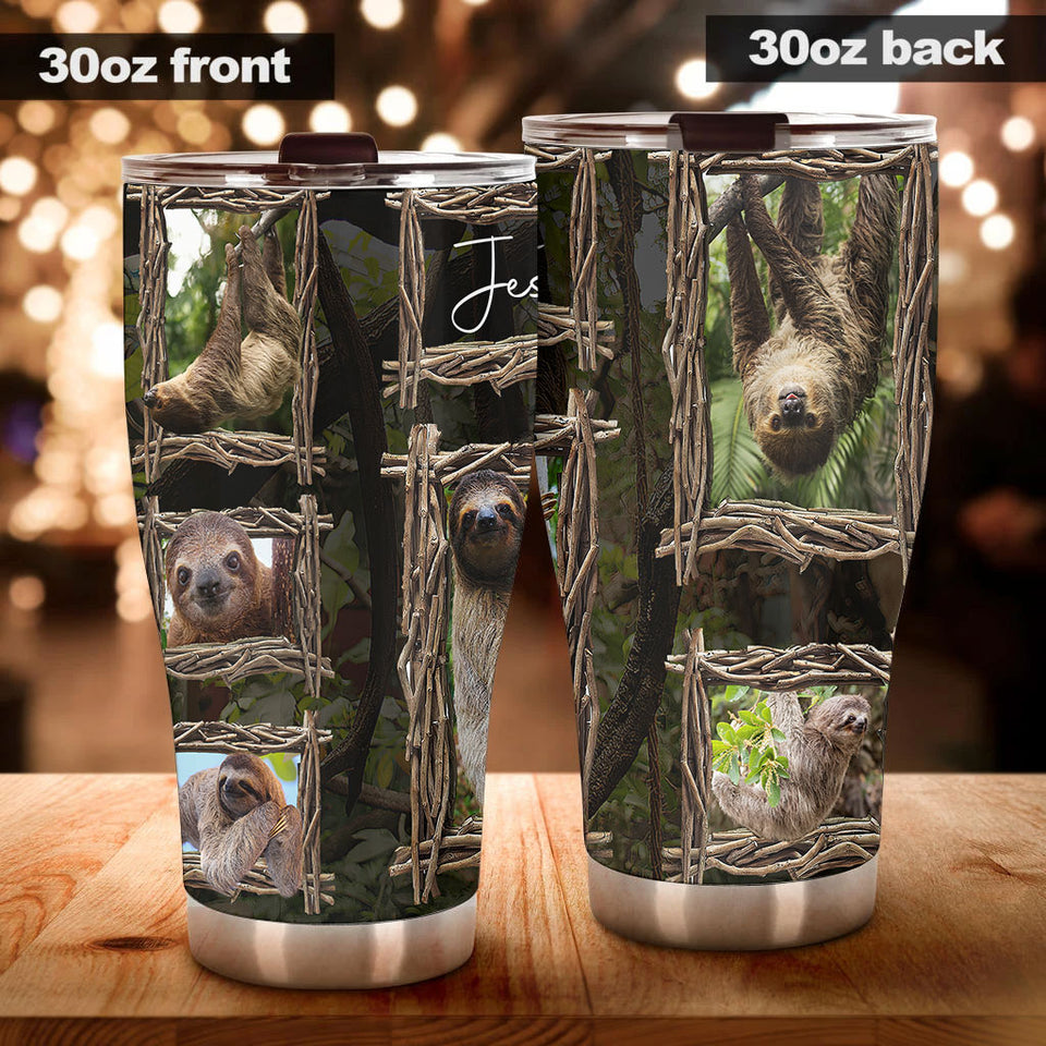 Camellia Personalized Jungle Wood Cute Sloths Graphic Stainless Steel Tumbler - Double-Walled Insulation Travel Thermal Cup With Lid Gift For Animal Lover Zoo Keeper