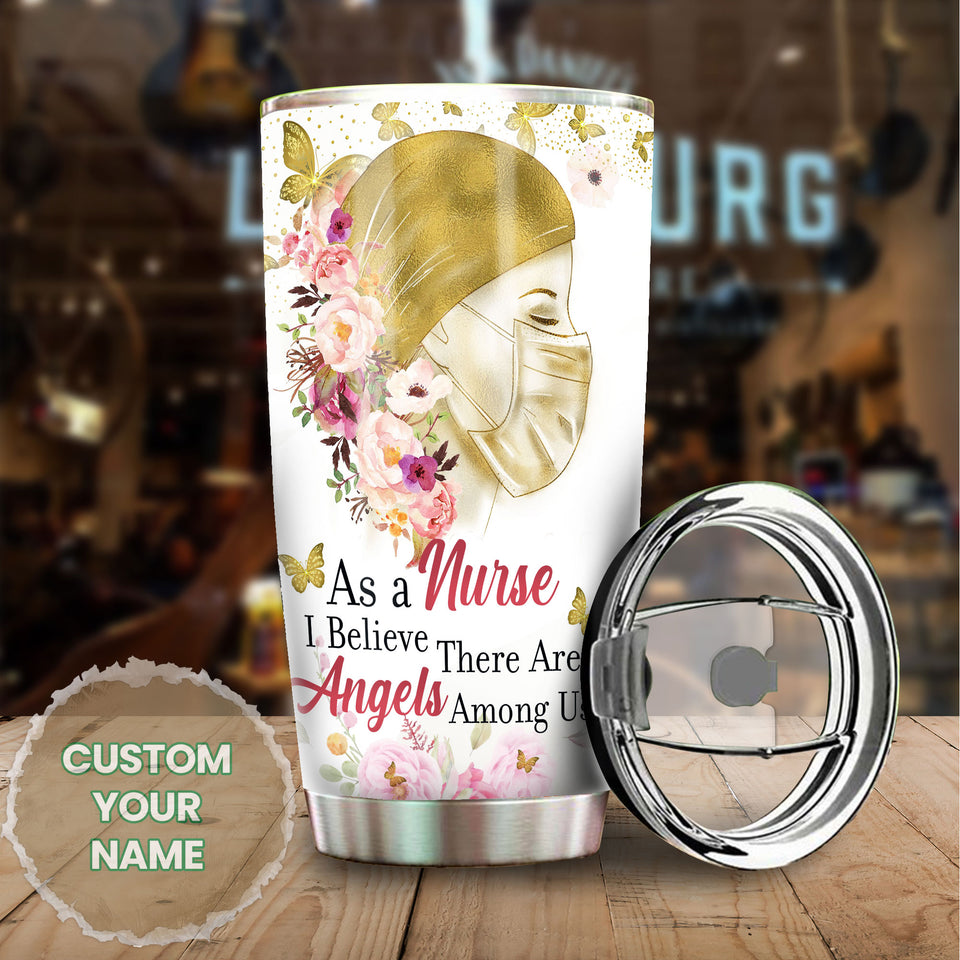 Camellia Personalized Nurse Believe Angels Among Us Stainless Steel Tumbler - Double-Walled Insulation Thermal Cup With Lid Gift For Nurse Healthcare Worker