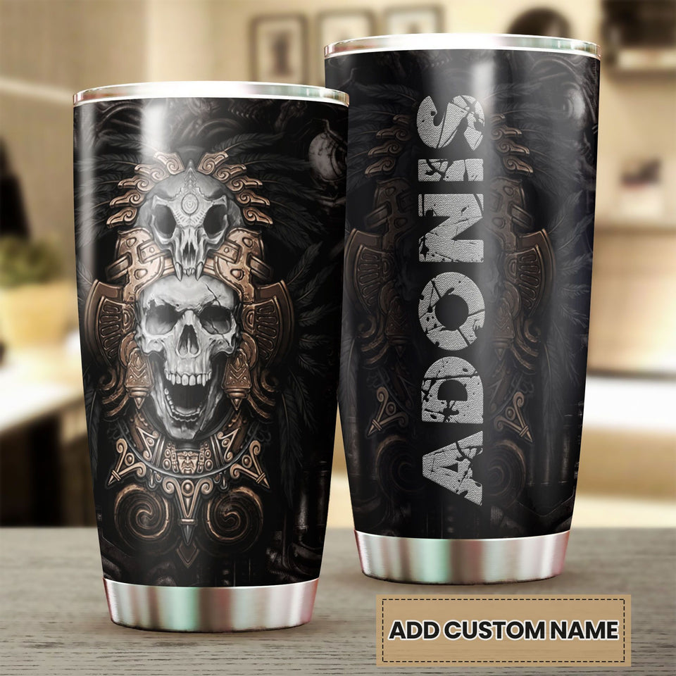 Camellia Personalized 3D Native American Golden Skull Stainless Steel Tumbler - Customized Double-Walled Insulation Travel Therma Cup With Lid