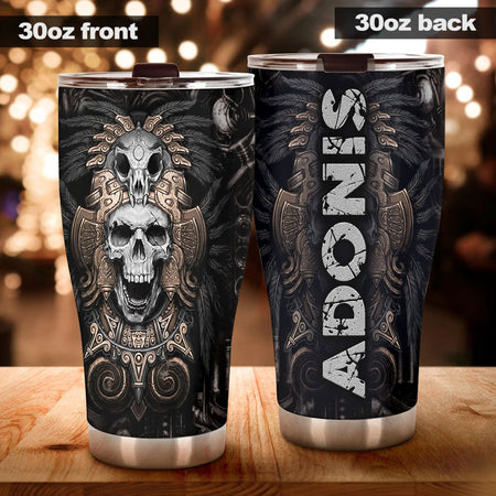 Camellia Personalized 3D Native American Golden Skull Stainless Steel Tumbler - Customized Double-Walled Insulation Travel Therma Cup With Lid