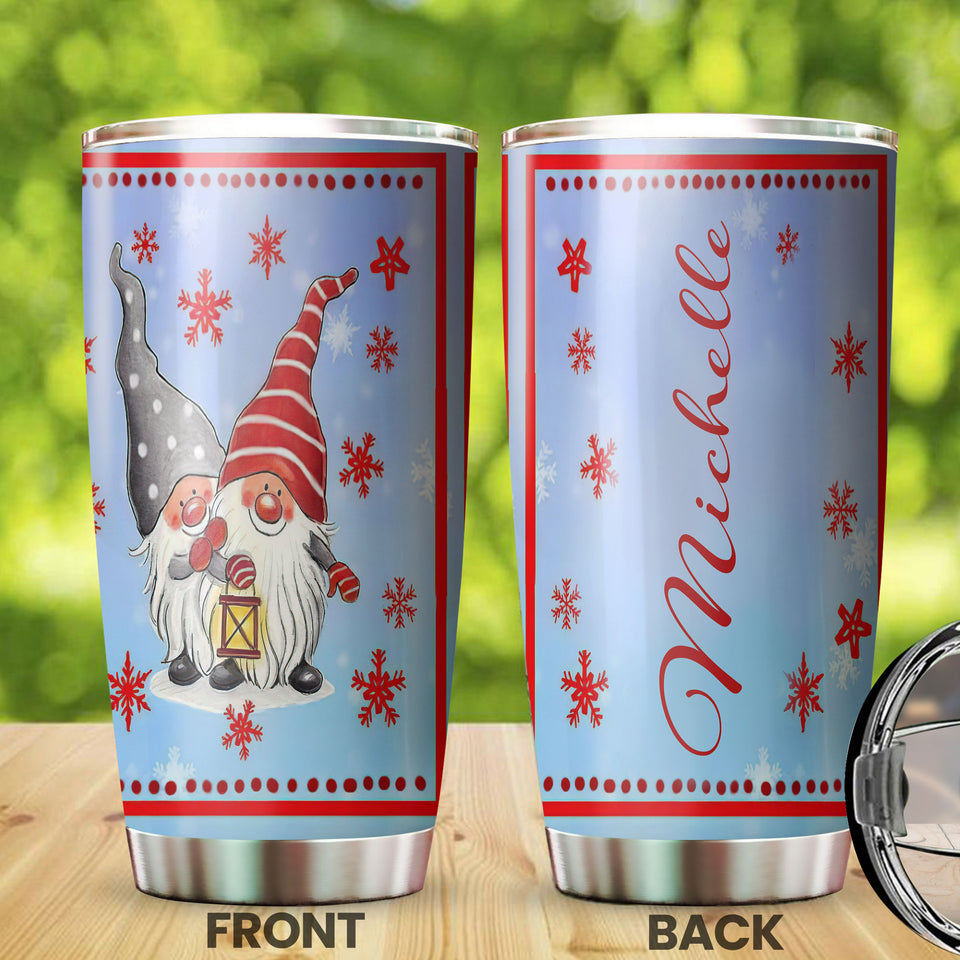 Camellia Personalized Snow Gnomes Wearing Santa Hat Merry Christmas Stainless Steel Tumbler - Double-Walled Insulation Thermal Cup With Lid Gift For Xmas Holiday Season