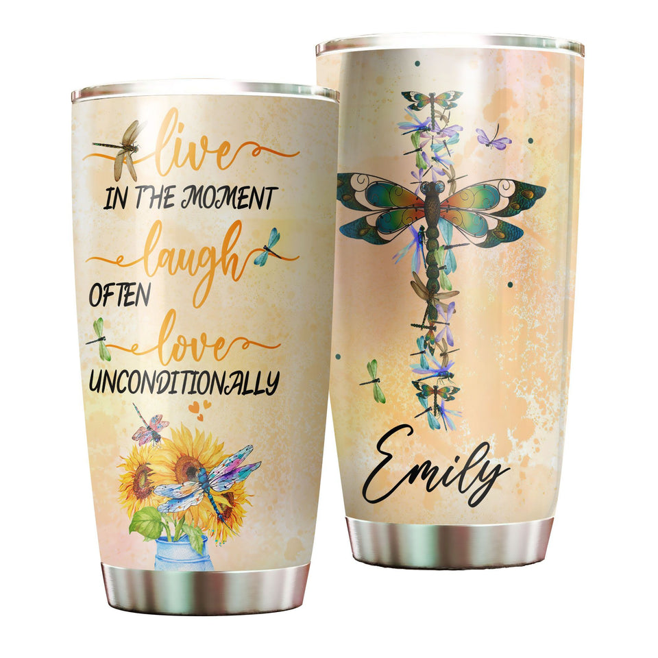 Camellia Personalized Hippie Dragonfly Laugh Often Love Unconditionally Stainless Steel Tumbler - Double-Walled Insulation Thermal Cup With Lid Gift For Hipster Teenager