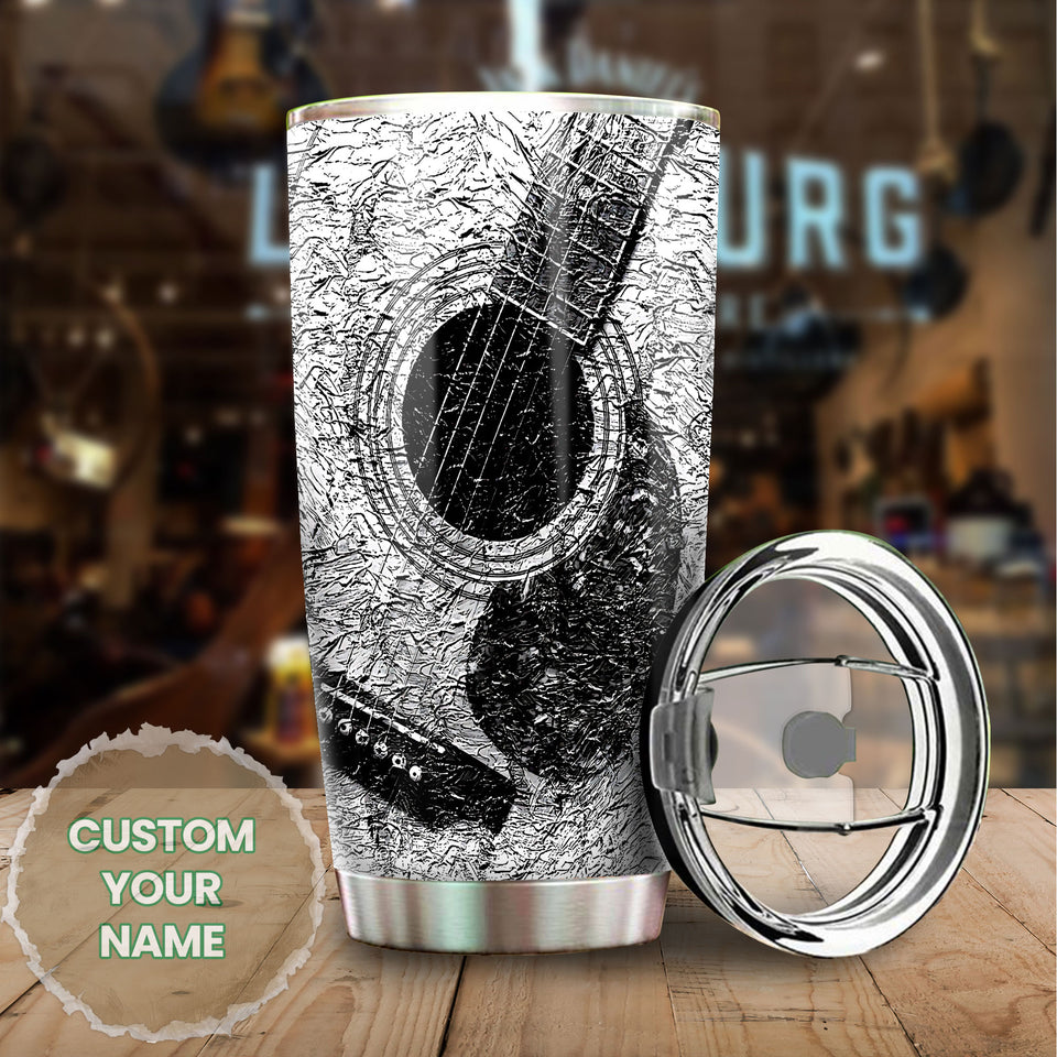 Camellia Personalized Guitar Silver Vintage Graphics Stainless Steel Tumbler - Double-Walled Insulation Thermal Cup With Lid Gift For Guitarist Bass Player