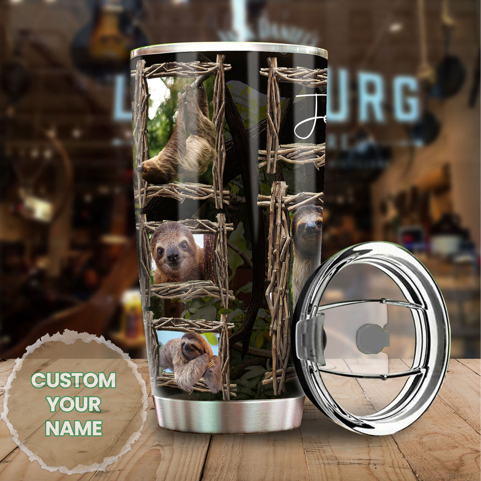 Camellia Personalized Jungle Wood Cute Sloths Graphic Stainless Steel Tumbler - Double-Walled Insulation Travel Thermal Cup With Lid Gift For Animal Lover Zoo Keeper