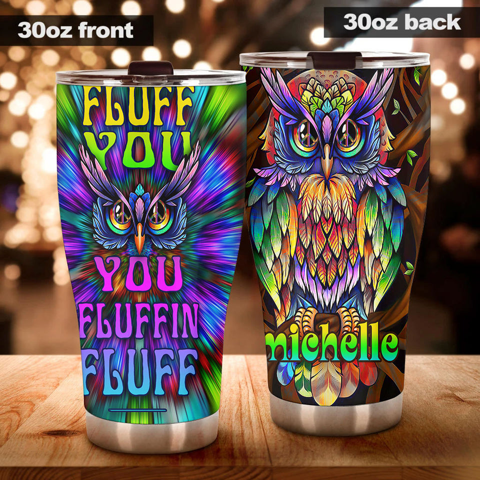 Camellia Personalized Hippie Peace Lover Owl Fluffin Graphics Stainless Steel Tumbler - Double-Walled Insulation Travel Thermal Cup With Lid Gift For Hipster