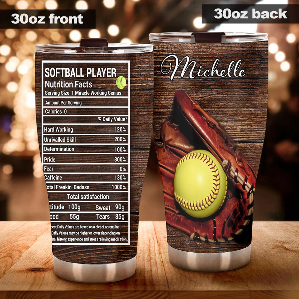 Camellia Personalized Softball Player Nutrition Facts Stainless Steel Tumbler - Double-Walled Insulation Sporty Thermal Cup With Lid Gift For Sport Lover