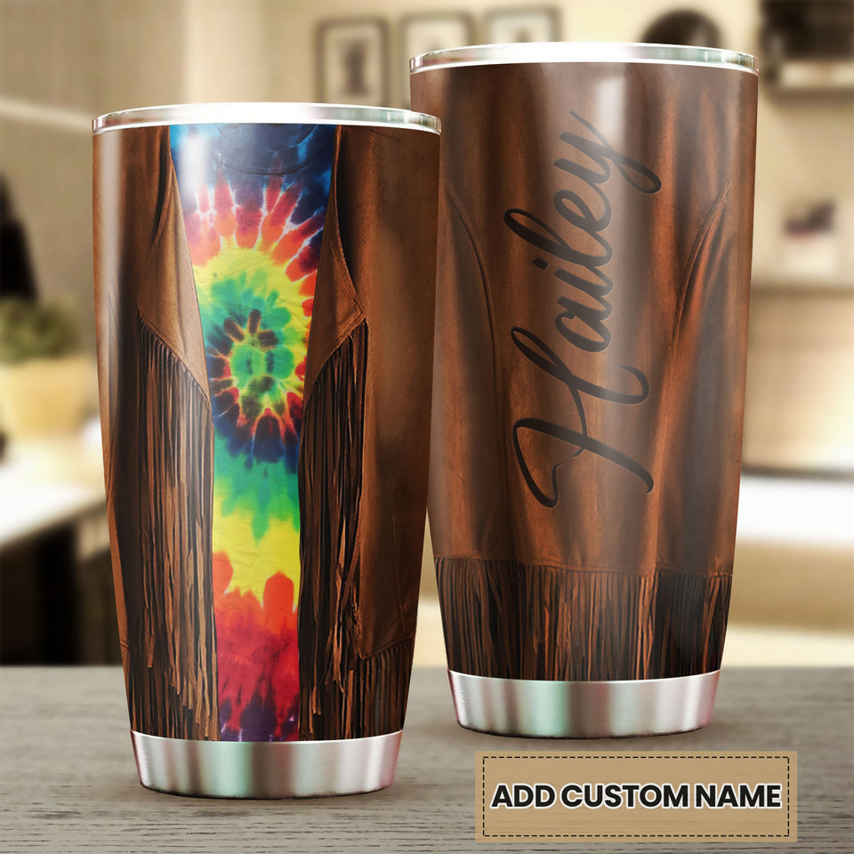 Personalized Hippie Fringe Tie Dye Stainless Steel Tumbler - double-wall vacuum insulated coffee travel tumbler detail