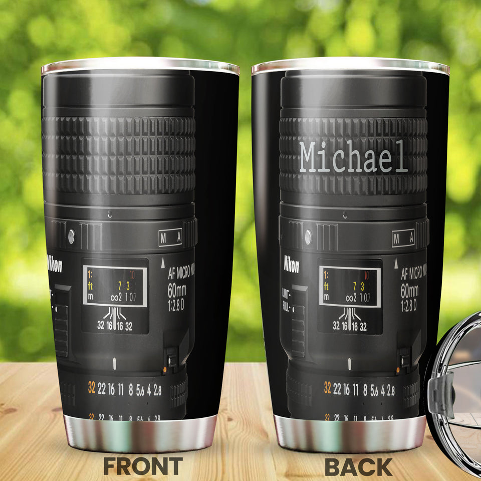 Camellia Personalized Photographer Camera Lens Graphic Stainless Steel Tumbler - Double-Walled Insulation Travel Thermal Cup With Lid Gift For Photographer
