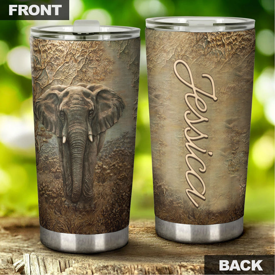Camellia Personalized Elephant Nature Graphics Stainless Steel Tumbler - Double-Walled Insulation Travel Thermal Cup With Lid Gift For Elephant Animal Lover