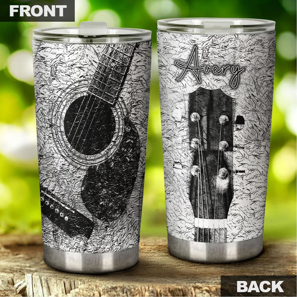 Camellia Personalized Guitar Silver Vintage Graphics Stainless Steel Tumbler - Double-Walled Insulation Thermal Cup With Lid Gift For Guitarist Bass Player