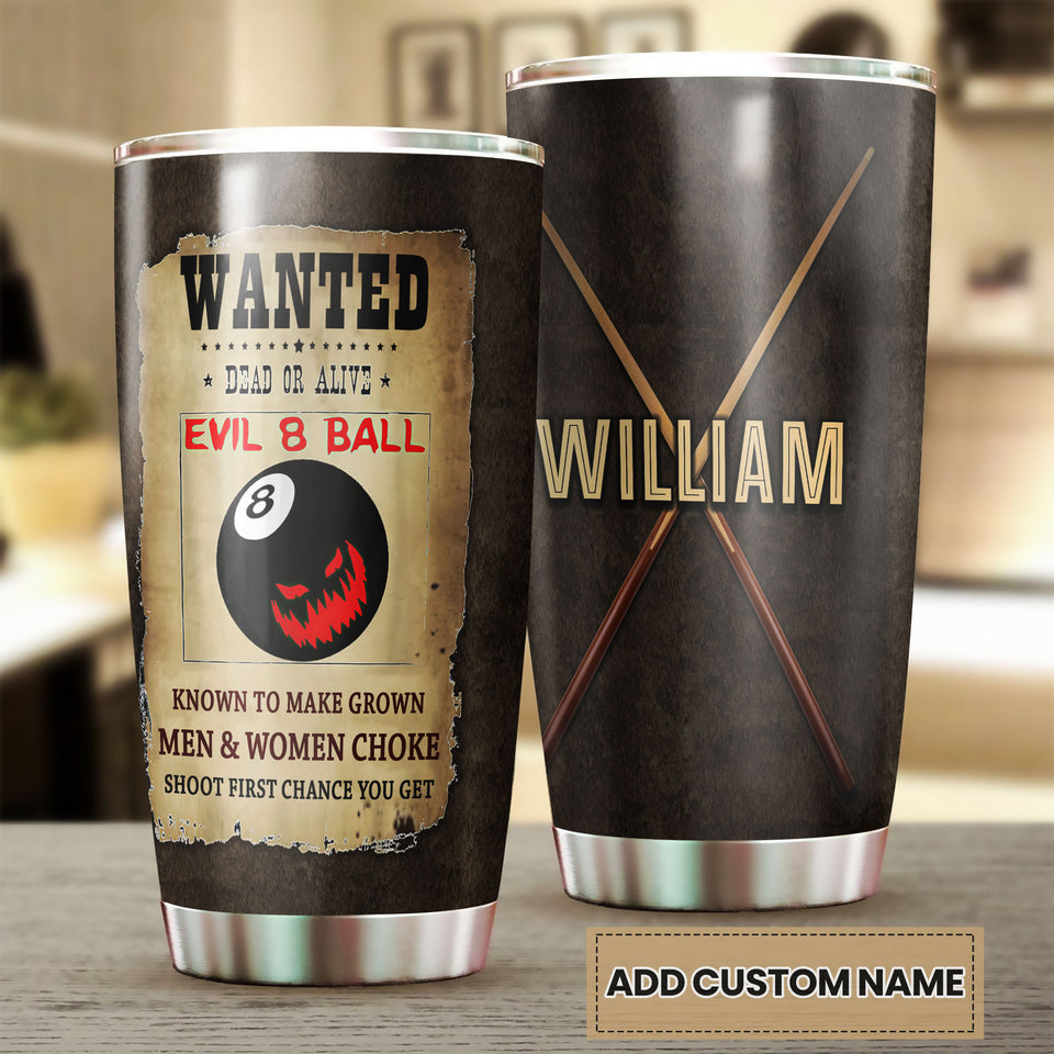 Personalized Billiards Wanted Evil 8 Ball Vintage Stainless - double-wall vacuum insulated coffee travel tumbler detail