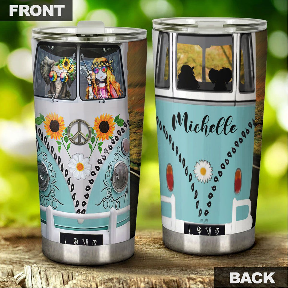 Camellia Personalized Hippie Girl And Elephant Sunflower Stainless Steel Tumbler - Double-Walled Insulation Travel Thermal Cup With Lid Gift For Hipster Peace Lover