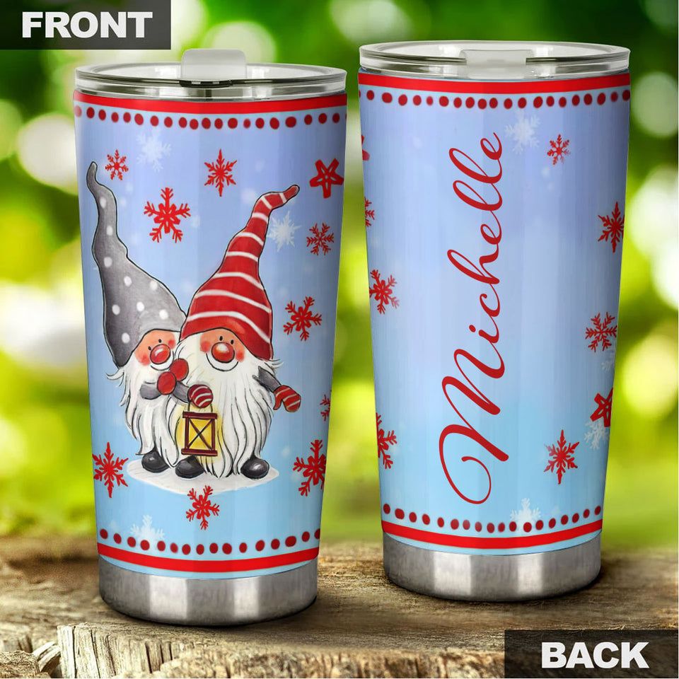 Camellia Personalized Snow Gnomes Wearing Santa Hat Merry Christmas Stainless Steel Tumbler - Double-Walled Insulation Thermal Cup With Lid Gift For Xmas Holiday Season