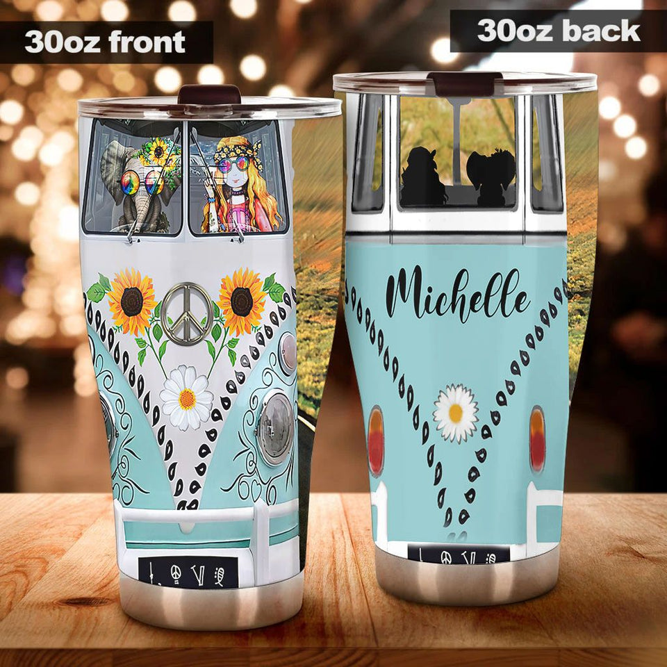 Camellia Personalized Hippie Girl And Elephant Sunflower Stainless Steel Tumbler - Double-Walled Insulation Travel Thermal Cup With Lid Gift For Hipster Peace Lover