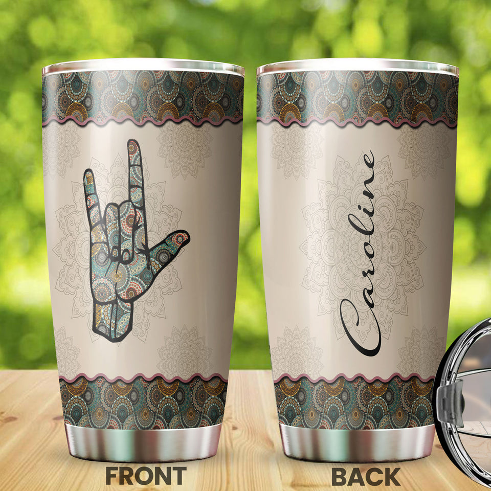 Camellia Personalized Hippie Henna Hand Sign Graphic Rock Stainless Steel Tumbler - Double-Walled Insulation Travel Thermal Cup With Lid Gift For Teenager Birthday