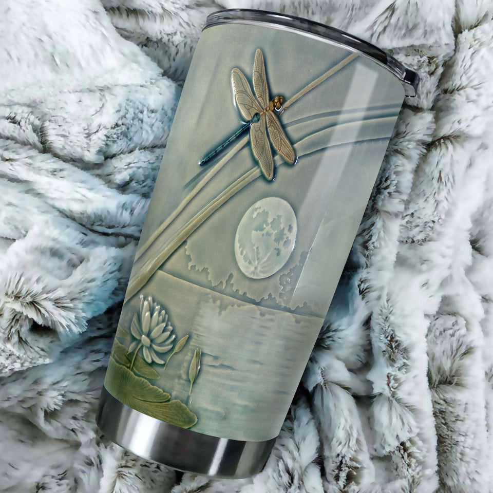 Camellia Personalized Dragonfly Lotus Lake Graphics Stainless Steel Tumbler - Double-Walled Insulation Travel Thermal Cup With Lid Gift For Nature Dragonfly Lover