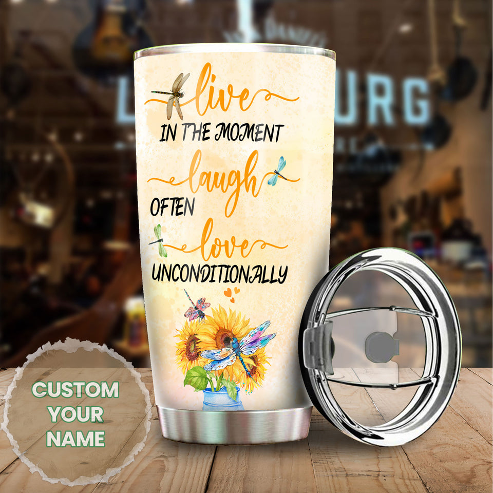 Camellia Personalized Hippie Dragonfly Laugh Often Love Unconditionally Stainless Steel Tumbler - Double-Walled Insulation Thermal Cup With Lid Gift For Hipster Teenager