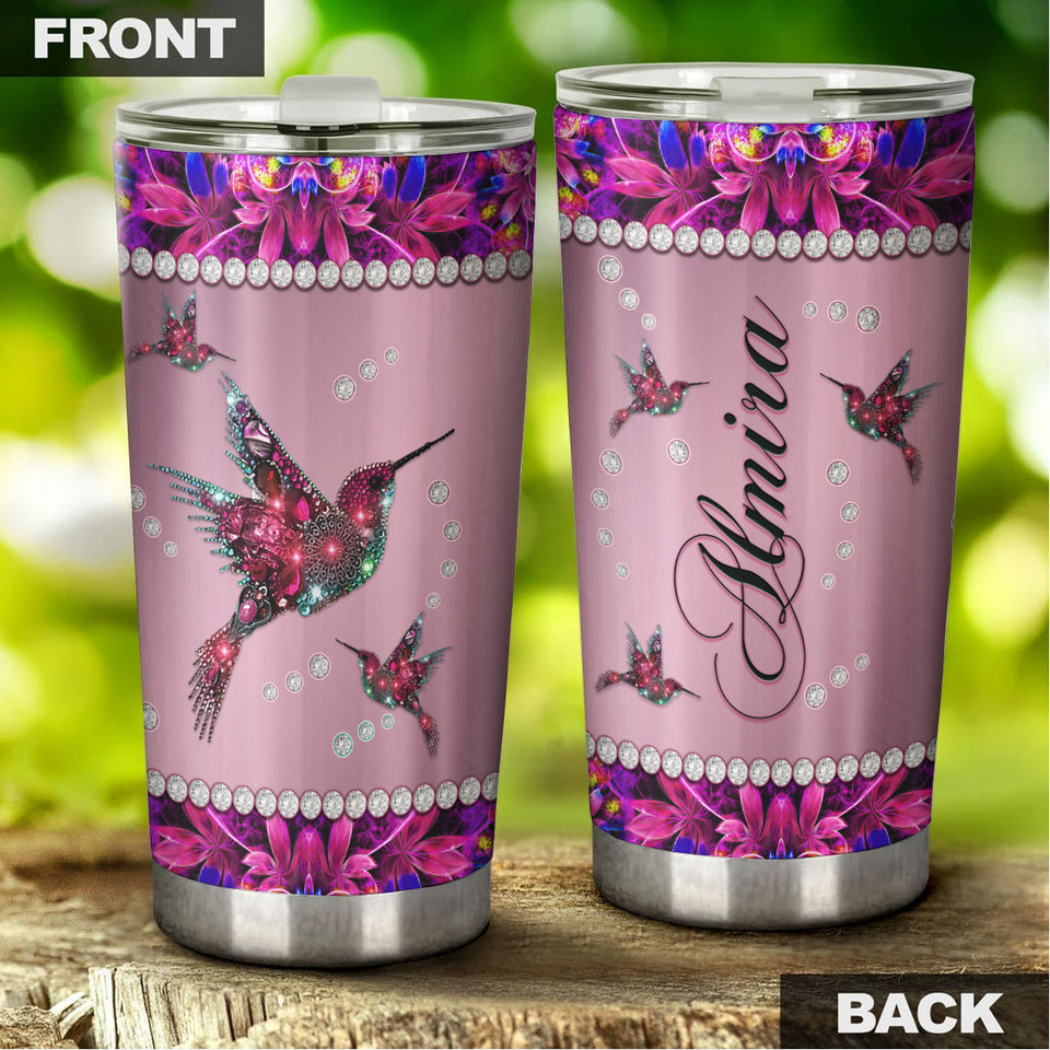 Camellia Personalized Hummingbirds Flowers Jewelry Style Stainless Steel Tumbler - Double-Walled Insulation Travel Thermal Cup With Lid Gift For Kids Animal Lover