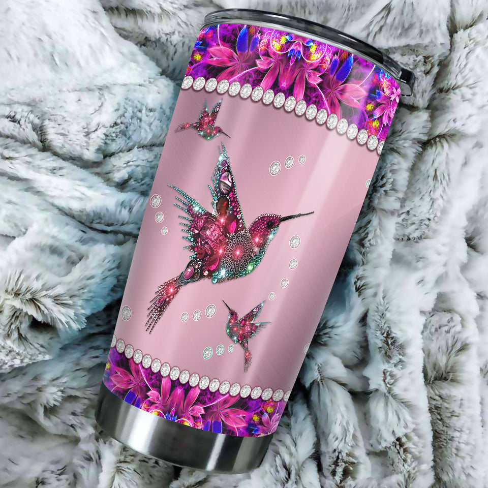 Camellia Personalized Hummingbirds Flowers Jewelry Style Stainless Steel Tumbler - Double-Walled Insulation Travel Thermal Cup With Lid Gift For Kids Animal Lover
