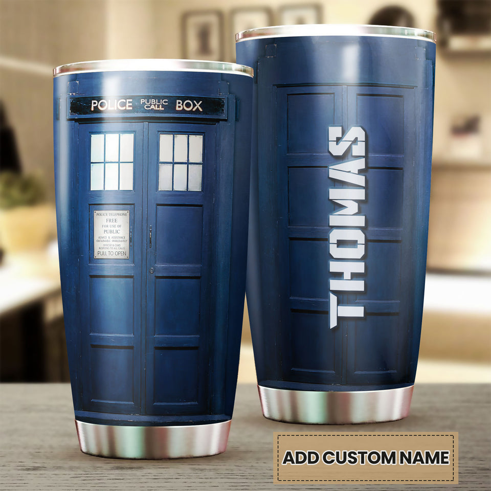 Personalized American Police Public Call Box Vintage Blue - double-wall vacuum insulated coffee travel tumbler detail