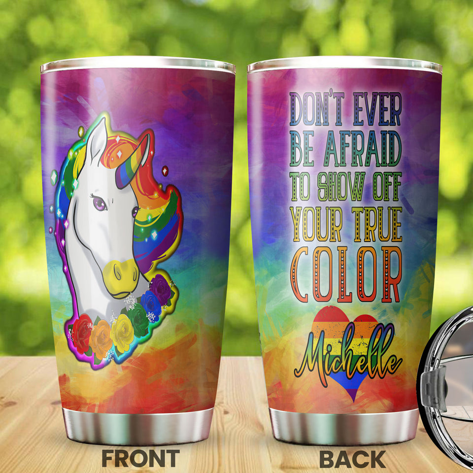 Camellia Personalized Rainbow Unicorn LGBT Pride Month Graphics Stainless Steel Tumbler - Double-Walled Insulation Thermal Cup With Lid Gift For Gay Lesbian