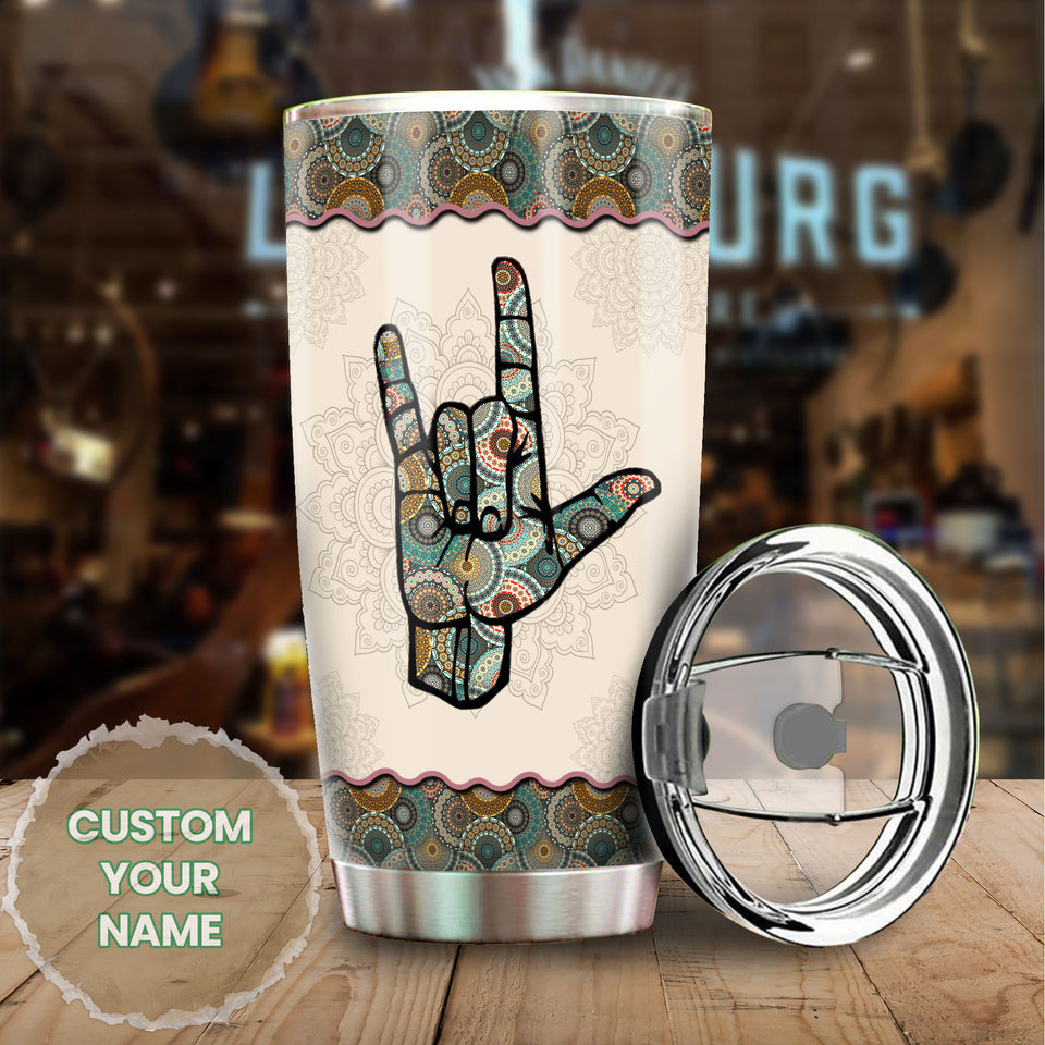 Camellia Personalized Hippie Henna Hand Sign Graphic Rock Stainless Steel Tumbler - Double-Walled Insulation Travel Thermal Cup With Lid Gift For Teenager Birthday