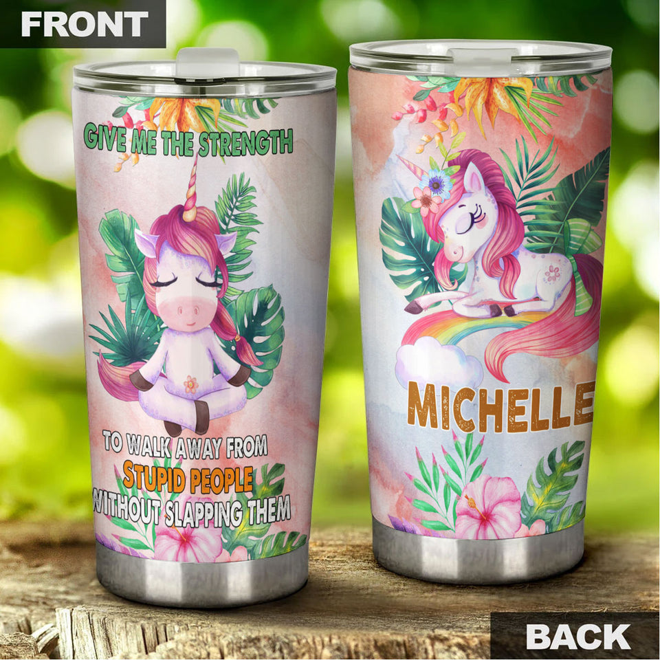 Camellia Personalized Unicorn Zen Meditation Give Me Strength Stainless Steel Tumbler - Double-Walled Insulation Thermal Cup With Lid Gift For Unicorn Lover Girls