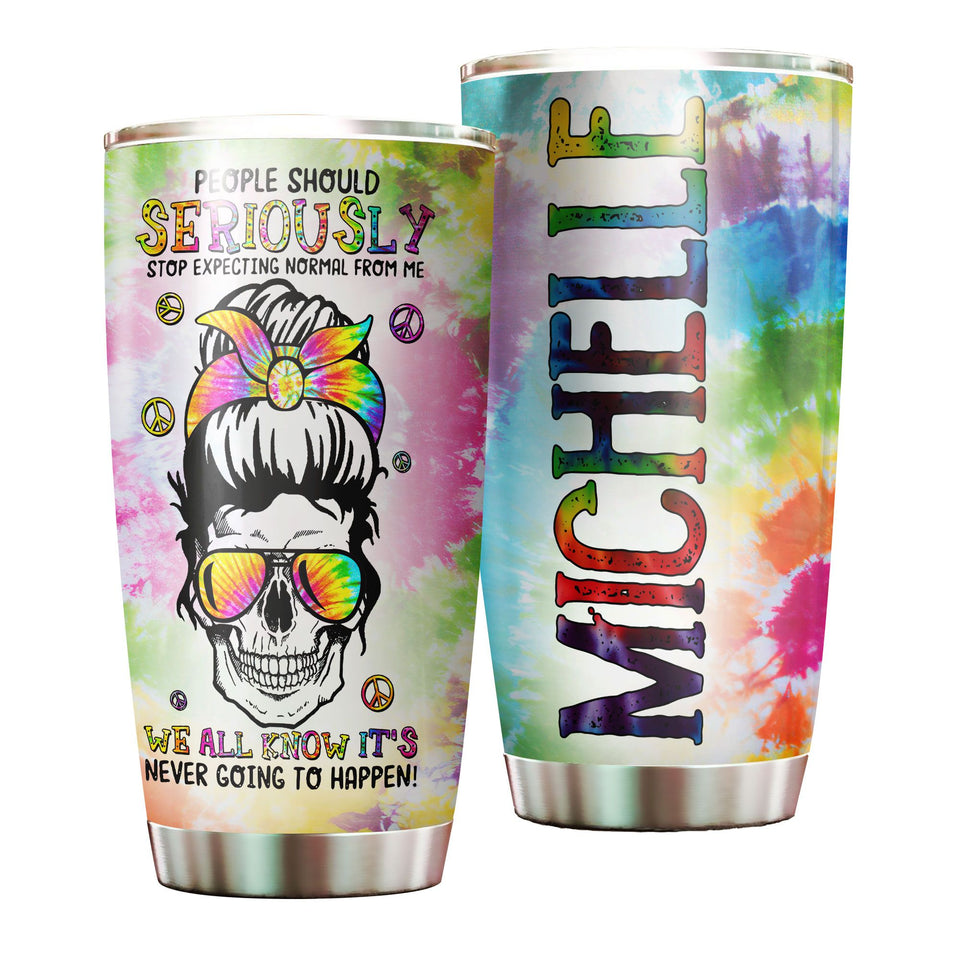 Camellia Personalized Tye Dye Skull Hippie Girl Stop Expecting Normal From Me Stainless Steel Tumbler - Double-Walled Insulation Thermal Cup With Lid Gift For Hipster Peace Lover