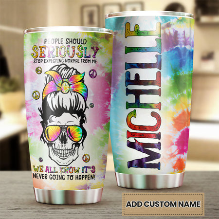 Camellia Personalized Tye Dye Skull Hippie Girl Stop Expecting Normal From Me Stainless Steel Tumbler - Double-Walled Insulation Thermal Cup With Lid Gift For Hipster Peace Lover