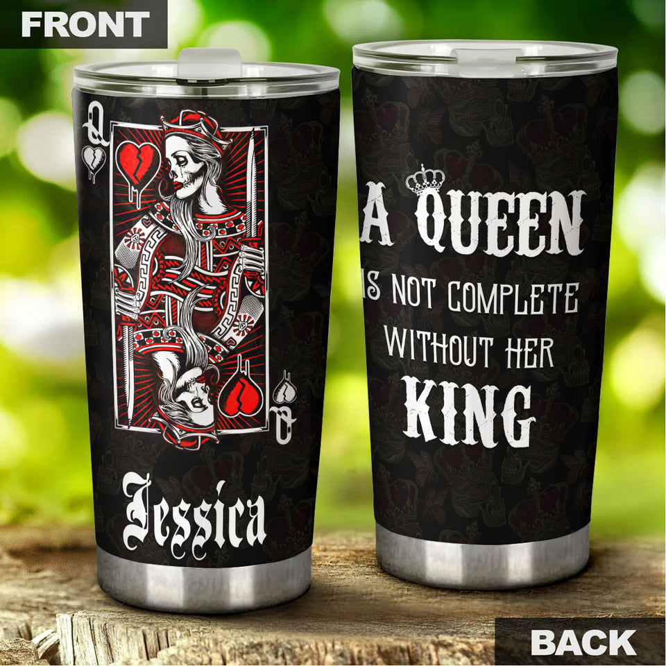 Camellia Personalized Skull Queen Not Complete Without Her King Stainless Steel Tumbler - Double-Walled Insulation Travel Thermal Cup With Lid Gift For Valentines Day Couple