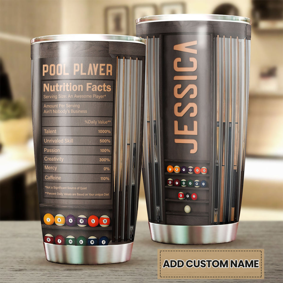 Camellia Personalized Billiards Balls Pool Player Nutrition Facts Wooden Style Stainless Steel Tumbler - Double-Walled Insulation Sporty Thermal Cup With Lid Gift For Billiards Pool