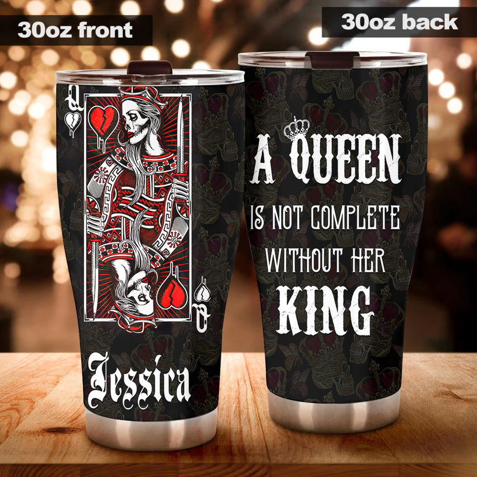 Camellia Personalized Skull Queen Not Complete Without Her King Stainless Steel Tumbler - Double-Walled Insulation Travel Thermal Cup With Lid Gift For Valentines Day Couple