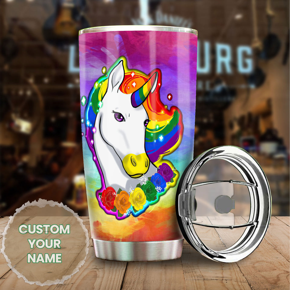Camellia Personalized Rainbow Unicorn LGBT Pride Month Graphics Stainless Steel Tumbler - Double-Walled Insulation Thermal Cup With Lid Gift For Gay Lesbian