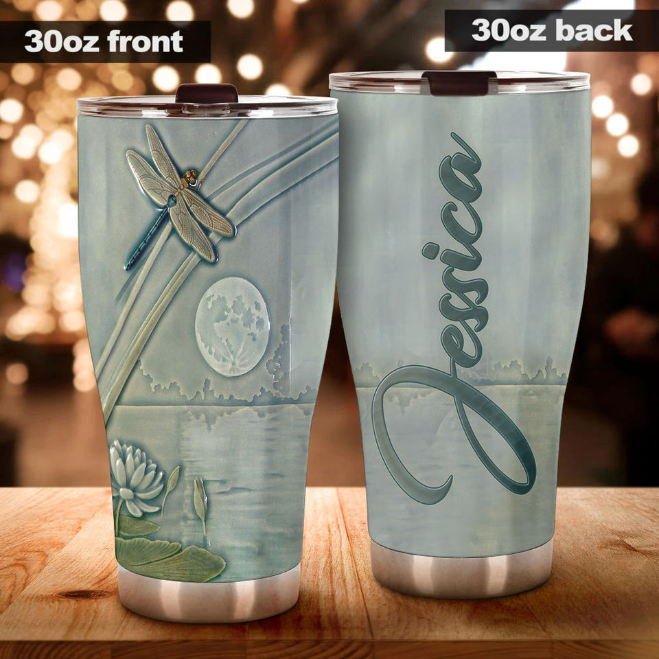 Camellia Personalized Dragonfly Lotus Lake Graphics Stainless Steel Tumbler - Double-Walled Insulation Travel Thermal Cup With Lid Gift For Nature Dragonfly Lover