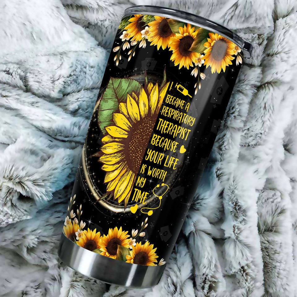 Camellia Personalized Sunflower Respiratory Therapist Your Life Worth My Time Stainless Steel Tumbler - Double-Walled Insulation Thermal Cup With Lid Gift For Respiratory Therapist