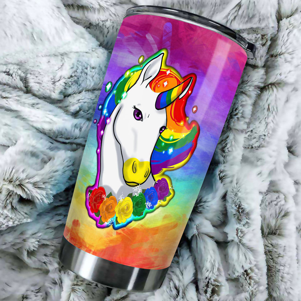 Camellia Personalized Rainbow Unicorn LGBT Pride Month Graphics Stainless Steel Tumbler - Double-Walled Insulation Thermal Cup With Lid Gift For Gay Lesbian