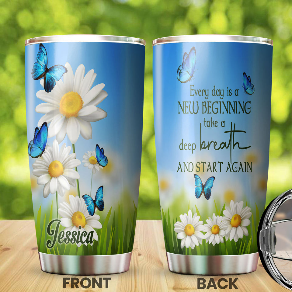 Camellia Personalized Daisy Butterfly Everyday Is A New Beginning Motivational Quote Stainless Steel Tumbler - Double-Walled Insulation Travel Thermal Cup With Lid