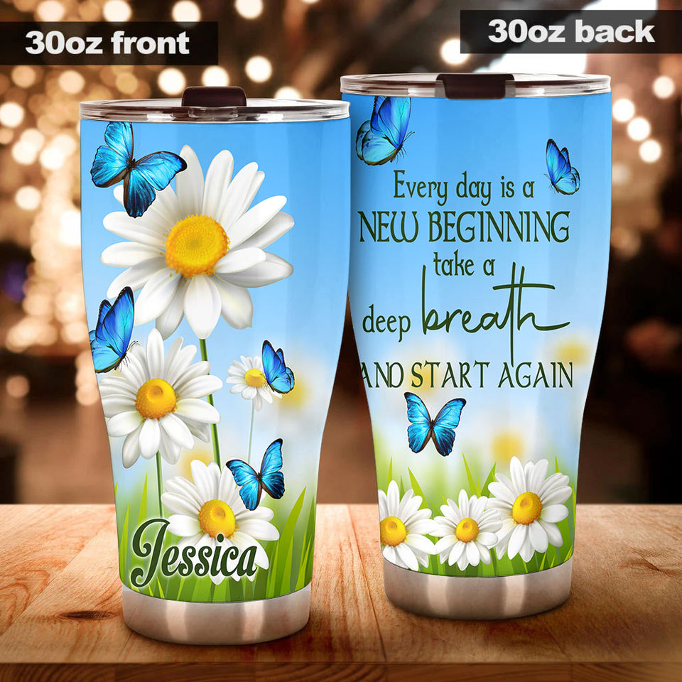 Camellia Personalized Daisy Butterfly Everyday Is A New Beginning Motivational Quote Stainless Steel Tumbler - Double-Walled Insulation Travel Thermal Cup With Lid