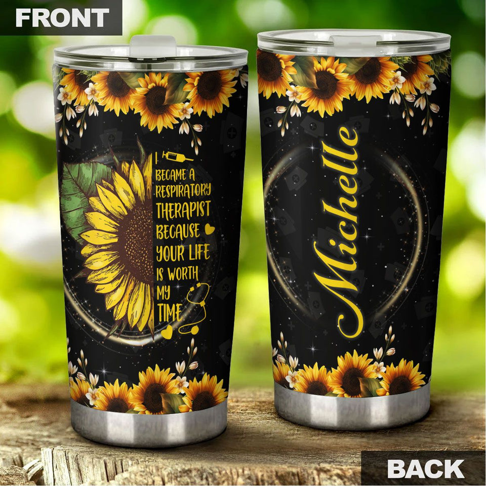 Camellia Personalized Sunflower Respiratory Therapist Your Life Worth My Time Stainless Steel Tumbler - Double-Walled Insulation Thermal Cup With Lid Gift For Respiratory Therapist